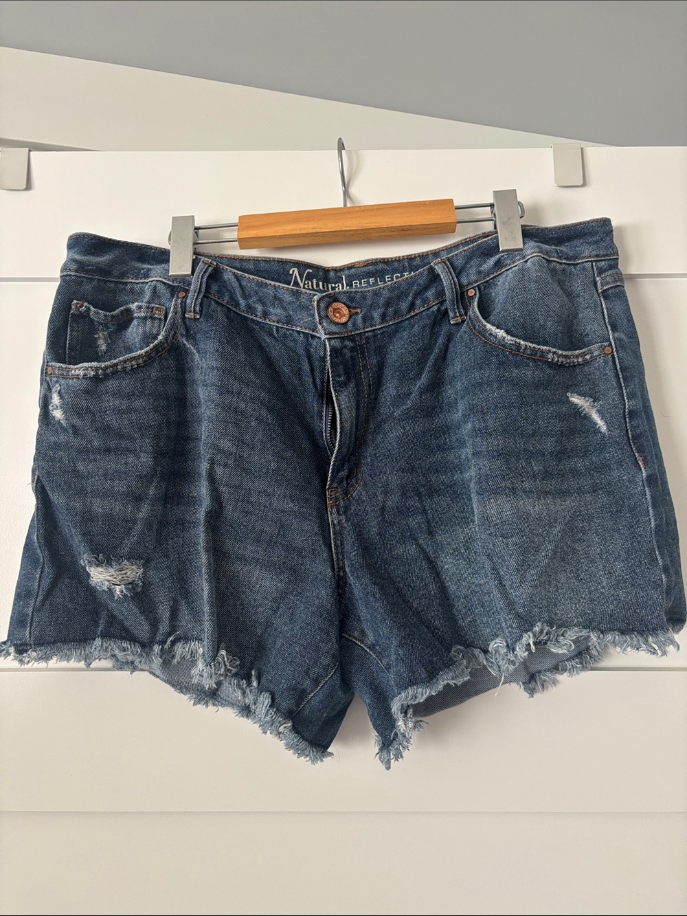 Natural Reflections Dark Blue Distressed Denim Cutoff Shorts
